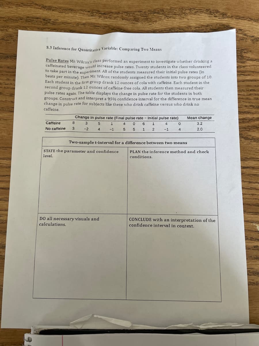 8.3 Inference for Quantitative Variable: Comparing Two Means
Pulse Rates Mr. Wilcox's class performed an experiment to investigate whether drinking a
caffeinated beverage would increase pulse rates. Twenty students in the class volunteered
to take part in the experiment. All of the students measured their initial pulse rates (in
beats per minute). Then Mr. Wilcox randomly assigned the students into two groups of 10.
Each student in the first group drank 12 ounces of cola with caffeine. Each student in the
second group drank 12 ounces of caffeine-free cola. All students then measured their
pulse rates again. The table displays the change in pulse rate for the students in both
groups. Construct and interpret a 95% confidence interval for the difference in true mean
change in pulse rate for subjects like these who drink caffeine versus who drink no
caffeine.
Change in pulse rate (Final pulse rate - Initial pulse rate)
5
6 1
4
4
1 2
-1
Caffeine
8
No caffeine 3
3
-2
1
-1
STATE the parameter and confidence.
level.
DO all necessary visuals and
calculations.
4
5
0
5
0
4
Two-sample t-interval for a difference between two means
Mean change
3.2
2.0
PLAN the inference method and check
conditions.
CONCLUDE with an interpretation of the
confidence interval in context.