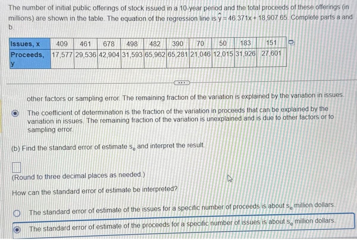 The number of initial public offerings of stock issued in a 10-year period and the total proceeds of these offerings (in
millions) are shown in the table. The equation of the regression line is y = 46.371x+18,907.65. Complete parts a and
b.
409
151
Issues, x
461 678 498 482 390 70 50 183
Proceeds, 17,577 29,536 42,904 31,593 65,962 65,281 21,046 12,015 31,926 27,601
y
other factors or sampling error. The remaining fraction of the variation is explained by the variation in issues.
The coefficient of determination is the fraction of the variation in proceeds that can be explained by the
variation in issues. The remaining fraction of the variation is unexplained and is due to other factors or to
sampling error.
(b) Find the standard error of estimate s and interpret the result.
(Round to three decimal places as needed.)
How can the standard error of estimate be interpreted?
The standard error of estimate of the issues for a specific number of proceeds is about se million dollars.
million dollars.
O
The standard error of estimate of the proceeds for a specific number of issues is about se