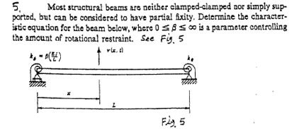 5, Most structural beams are neither clamped-clamped nor simply sup-
ported, but can be considered to have partial fixity. Determine the character-
istic equation for the beam below, where 0 ≤8 co is a parameter controlling
the amount of rotational restraint. See Fig. 5
vlx.c
₁-(2)
Fig. 5