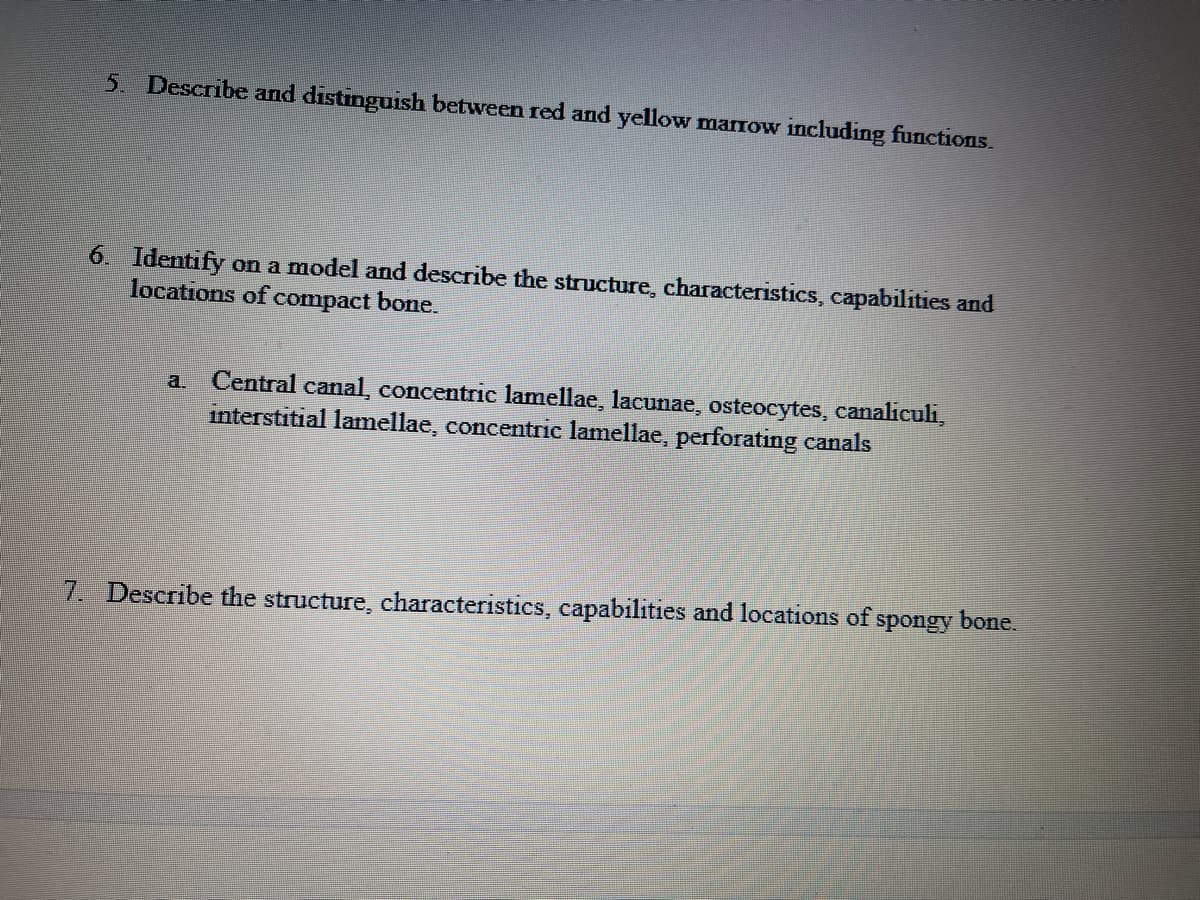 5. Describe and distinguish between red and yellow marrow including functions.
6. Identify on a model and describe the structure, characteristics, capabilities and
locations of compact bone.
Central canal, concentric lamellae, lacunae, osteocytes, canaliculi,
interstitial lamellae, concentric lamellae, perforating canals
a.
7. Describe the structure, characteristics, capabilities and locations of
spongy bone.
