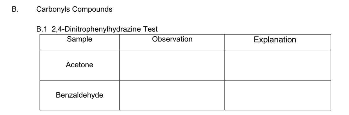 В.
Carbonyls Compounds
B.1 2,4-Dinitrophenylhydrazine Test
Sample
Observation
Explanation
Acetone
Benzaldehyde
B.
