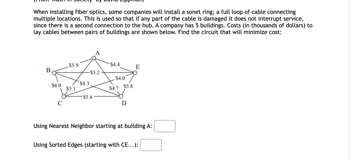 When installing fiber optics, some companies will install a sonet ring; a full loop of cable connecting
multiple locations. This is used so that if any part of the cable is damaged it does not interrupt service,
since there is a second connection to the hub. A company has 5 buildings. Costs (in thousands of dollars) to
lay cables between pairs of buildings are shown below. Find the circuit that will minimize cost:
A
$5.9
$4.4
E
-$5.2
$4.0
$4.3
$5.1
$6.0
$4.7 $5.8
$5.6
D
Using Nearest Neighbor starting at building A:
Using Sorted Edges (starting with CE...):
