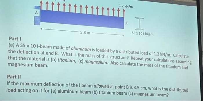 1.2 kN/m
A
B
S5 x 10 1-beam
5.8 m
Part I
(a) A S5 x 10 I-beam made of aluminum is loaded by a distributed load of 1.2 kN/m. Calculate
the deflection at end B. What is the mass of this structure? Repeat your calculations assuming
that the material is (b) titanium, (c) magnesium. Also calculate the mass of the titanium and
magnesium beam.
Part II
If the maximum deflection of the I beam allowed at point B is 3.5 cm, what is the distributed
load acting on it for (a) aluminum beam (b) titanium beam (c) magnesium beam?
