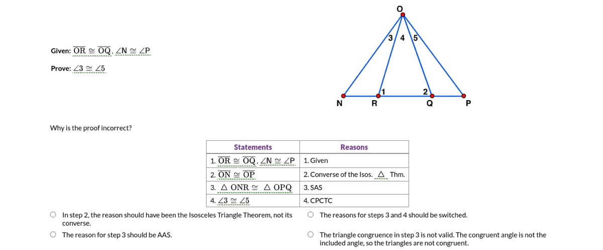 3/4 5
Given: OR E OQ, ZN 2 ZP.
Prove: 23 2 25
1
N
P
Why is the proof incorrect?
Statements
Reasons
1. OR = OQ, ZN ZP
1. Given
2. ON = OP
3. A ONR E A OPQ
2. Converse of the Isos. A Thm.
3. SAS
......................................
4. 23 25
4. СРСТС
O In step 2, the reason should have been the Isosceles Triangle Theorem, not its
O The reasons for steps 3 and 4 should be switched.
converse.
O The reason for step 3 should be AAS.
O The triangle congruence in step 3 is not valid. The congruent angle is not the
included angle, so the triangles are not congruent.
