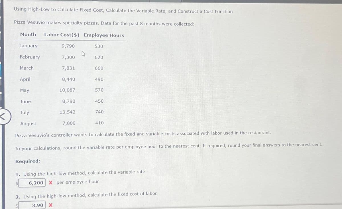 -
Using High-Low to Calculate Fixed Cost, Calculate the Variable Rate, and Construct a Cost Function
Pizza Vesuvio makes specialty pizzas. Data for the past 8 months were collected:
Month Labor Cost ($)
Employee Hours
January
February
March
April
May
June
July
August
9,790
7,300
7,831
8,440
10,087
8,790
13,542
7,800
4
530
620
660
490
570
450
740
410
Pizza Vesuvio's controller wants to calculate the fixed and variable costs associated with labor used in the restaurant.
In your calculations, round the variable rate per employee hour to the nearest cent. If required, round your final answers to the nearest cent.
Required:
1. Using the high-low method, calculate the variable rate.
$
6,200 X per employee hour
2. Using the high-low method, calculate the fixed cost of labor.
3.90 X