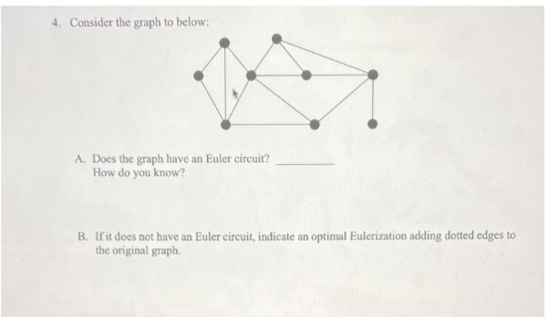 4. Consider the graph to below:
A. Does the graph have an Euler circuit?
How do you know?
B. If it does not have an Euler circuit, indicate an optimal Eulerization adding dotted edges to
the original graph.