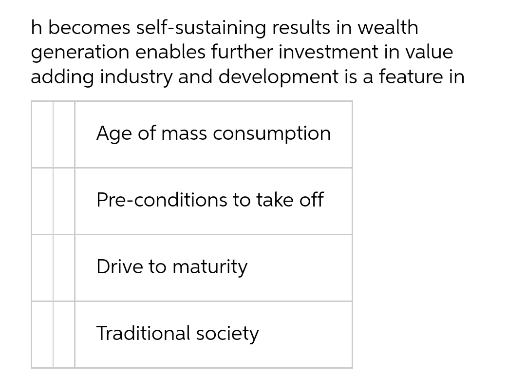 h becomes self-sustaining results in wealth
generation enables further investment in value
adding industry and development is a feature in
Age of mass consumption
Pre-conditions to take off
Drive to maturity
Traditional society
