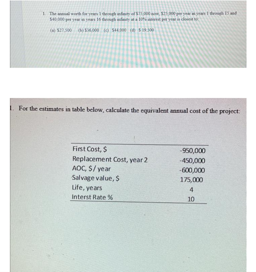 1. The annual worth for years 1 through infinity of $75,000 now, $25,000 per year in years 1 through 15 and
S40,000 per year in years 16 through infinity at a 10% interest per year is closest to:
(a) $27,500
(b) $36,000 (c) $44,000 (d) $ 19,500
1. For the estimates in table below, calculate the equivalent annual cost of the project:
First Cost, $
-950,000
Replacement Cost, year 2
AOC, $/ year
Salvage value, $
-450,000
-600,000
175,000
Life, years
4
Interst Rate %
10
