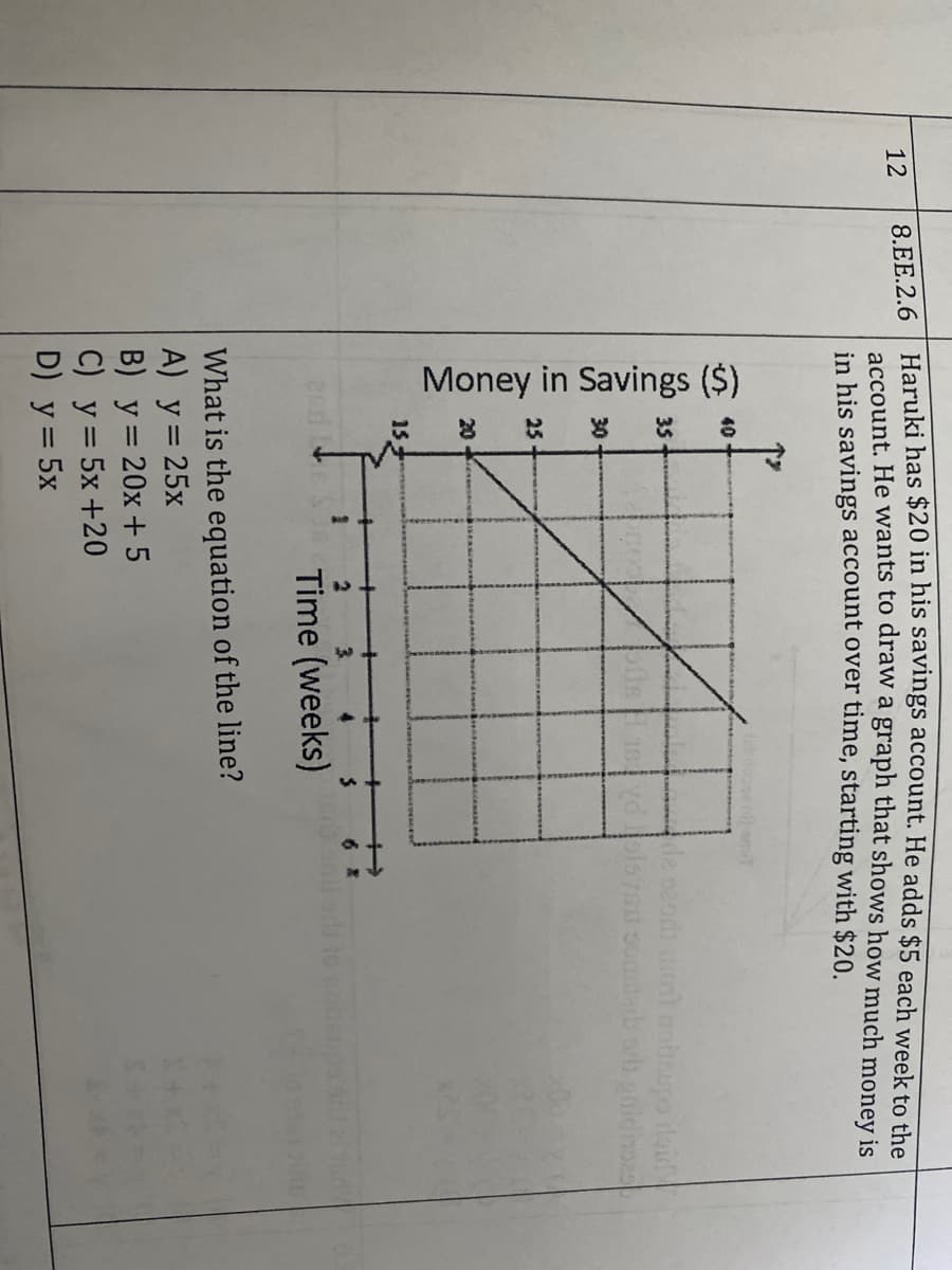 Money in Savings ($)
Haruki has $20 in his savings account. He adds $5 each week to the
account. He wants to draw a graph that shows how much money is
in his savings account over time, starting with $20.
12
8.EE.2.6
omit
40
2oh dont onupo dai
30
25
20
15
3.
Time (weeks)
What is the equation of the line?
A) y = 25x
B) y = 20x + 5
C) y = 5x +20
D) y = 5x
%3D
