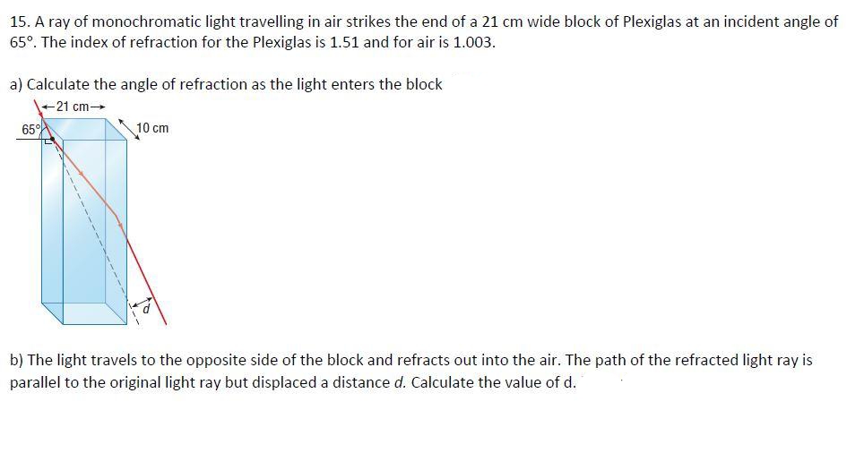 15. A ray of monochromatic light travelling in air strikes the end of a 21 cm wide block of Plexiglas at an incident angle of
65°. The index of refraction for the Plexiglas is 1.51 and for air is 1.003.
a) Calculate the angle of refraction as the light enters the block
+21 cm→
65A
10 cm
b) The light travels to the opposite side of the block and refracts out into the air. The path of the refracted light ray is
parallel to the original light ray but displaced a distance d. Calculate the value of d.
