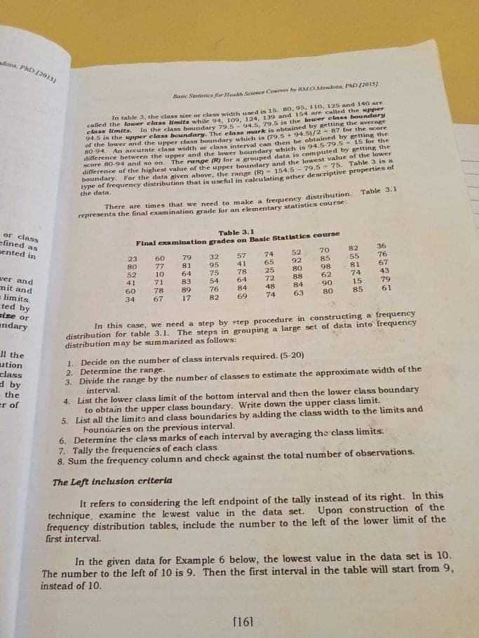 PhD (2013)
Basic Statistics for Health Science Courses by RALO Mendor, PhD (2013)
In table 3, the class site or class width used is 15. 80, 95, 110, 125 and 140 are
called the lower class limits while 94, 109, 124, 139 and 154 are called the upper
class limits. In the class boundary 79.5-94.5, 79.5 is the lower class boundary
94.5 is the upper class boundary. The class mark is obtained by getting the average
of the lower and the upper class boundary which is (79.5+ 94.5)/2-87 for the score
80-94. An accurate class width or class interval can then be obtained by getting the
difference between the upper and the lower boundary which is 94.5-79.5 15 for the
The range (R) for a grouped data is computed by getting the
difference of the highest value of the upper boundary and the lowest value of the lower
boundary. For the data given above, the range (R) 154.5-79.5-75. Table 3 is a
type of frequency distribution that is useful in calculating other descriptive properties of
score 80.94 and so on.
the data.
There are times that we need to make a frequency distribution. Table 3.1
represents the final examination grade for an elementary statistics course:
Table 3.1
Final examination grades on Basic Statistics course
82
36
23
60
79
52 70
32 57
74
80
77
81
76
65
41
95
92
55
85
52
10
81
64
78
67
75
80
98
25
41
71
83
43
64
54
88
72
74
62
60
78
89
79
84
76
84
48
15
90
34
17
67
85
74
82
61
63
69
80
In this case, we need a step by step procedure in constructing a frequency
distribution for table 3.1. The steps in grouping a large set of data into frequency
distribution may be summarized as follows:
1. Decide on the number of class intervals required. (5-20)
2. Determine the range.
3. Divide the range by the number of classes to estimate the approximate width of the
interval.
4. List the lower class limit of the bottom interval and then the lower class boundary
to obtain the upper class boundary. Write down the upper class limit.
5. List all the limits and class boundaries by adding the class width to the limits and
boundaries on the previous interval.
6. Determine the class marks of each interval by averaging the class limits.
7. Tally the frequencies of each class.
8. Sum the frequency column and check against the total number of observations.
The Left inclusion criteria
It refers to considering the left endpoint of the tally instead of its right. In this
Upon construction of the
technique, examine the lewest value in the data set.
frequency distribution tables, include the number to the left of the lower limit of the
first interval.
In the given data for Example 6 below, the lowest value in the data set is 10.
The number to the left of 10 is 9. Then the first interval in the table will start from 9,
instead of 10.
[16]
or class
fined as
sented in
wer and
nit and
= limits.
ted by
size or
andary
ll the
ution
class
by
the
er of