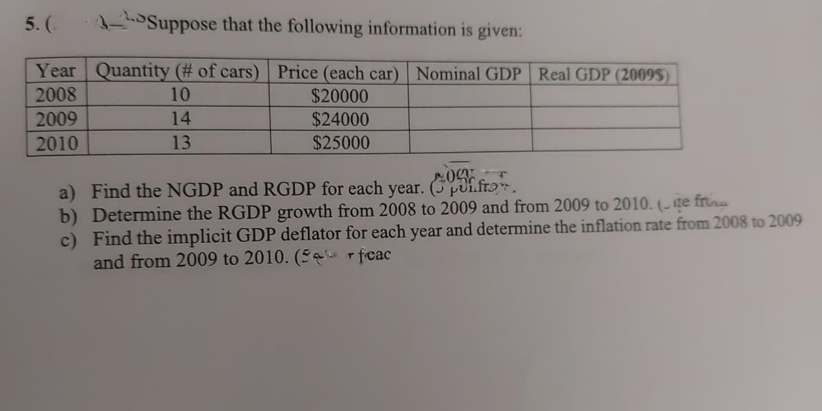 5. (
Suppose that the following information is given:
Year Quantity (# of cars)
2008
Price (each car) Nominal GDP Real GDP (2009$)
$20000
10
2009
14
$24000
$25000
2010
13
a) Find the NGDP and RGDP for each year. (3 poi.fra.
b) Determine the RGDP growth from 2008 to 2009 and from 2009 to 2010. (-te frra
c) Find the implicit GDP deflator for each year and determine the inflation rate from 2008 to 2009
and from 2009 to 2010. (5 r feac
