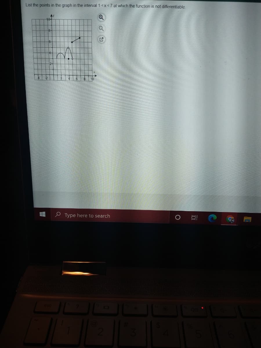 List the points in the graph in the interval 1 <x< 7 at which the function is not differentiable
40
Type here to search
