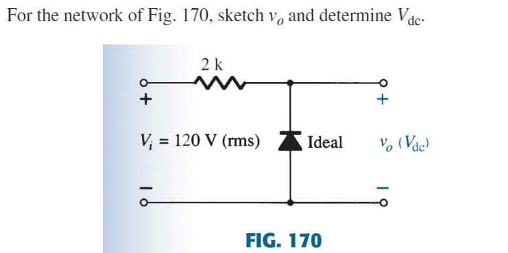 For the network of Fig. 170, sketch v, and determine Vae:
2 k
V; = 120 V (rms) Ideal
V% (Vác)
FIG. 170
