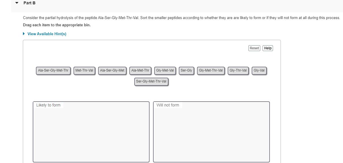 Part B
Consider the partial hydrolysis of the peptide Ala-Ser-Gly-Met-Thr-Val. Sort the smaller peptides according to whether they are are likely to form or if they will not form at all during this process.
Drag each item to the appropriate bin.
• View Available Hint(s)
Reset Help
Ala-Ser-Gly-Met-Thr
Met-Thr-Val
Ala-Ser-Gly-Met
Ala-Met-Thr
Gly-Met-Val
Ser-Gly
Gly-Met-Thr-Val
Gly-Thr-Val
Gly-Val
Ser-Gly-Met-Thr-Val
Likely to form
Will not form

