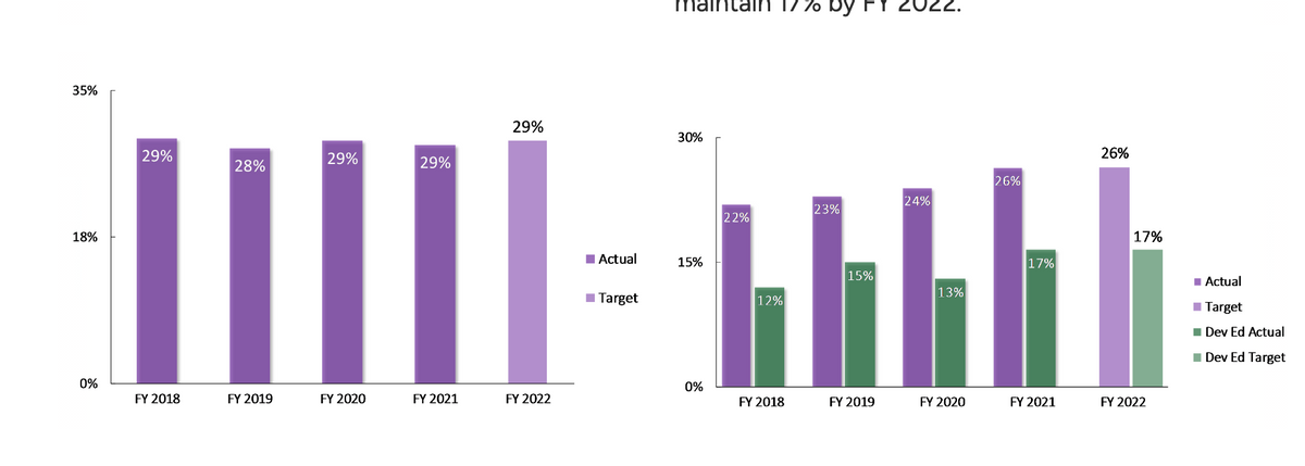 35%
18%
0%
29%
FY 2018
28%
FY 2019
29%
FY 2020
29%
FY 2021
29%
FY 2022
Actual
Target
maintain 17% by
30%
15%
0%
22%
26%
24%
17%
15%
bbbbb
13%
FY 2020
12%
FY 2018
23%
FY 2019
26%
FY 2021
17%
FY 2022
■ Actual
Target
Dev Ed Actual
Dev Ed Target