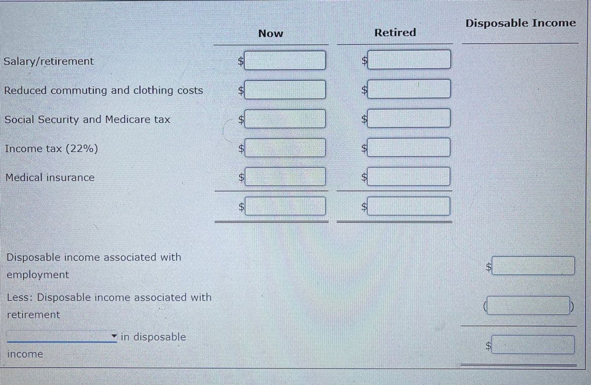 Disposable Income
Now
Retired
Salary/retirement
$4
Reduced commuting and clothing costs
$4
Social Security and Medicare tax
Income tax (22%)
Medical insurance
Disposable income associated with
employment
Less: Disposable income associated with
retirement
in disposable
income
%24
%24
%24
%24
%24
%24
%24
%24
%24
%24
%24
%24
%24
%24
