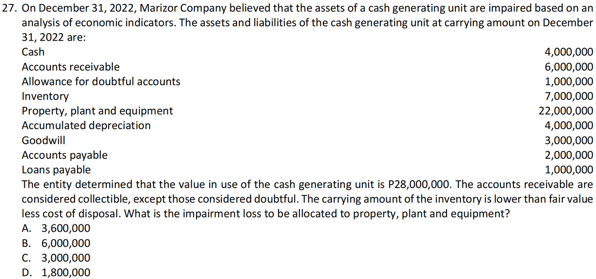 27. On December 31, 2022, Marizor Company believed that the assets of a cash generating unit are impaired based on an
analysis of economic indicators. The assets and liabilities of the cash generating unit at carrying amount on December
31, 2022 are:
Cash
4,000,000
Accounts receivable
6,000,000
Allowance for doubtful accounts
1,000,000
Inventory
Property, plant and equipment
Accumulated depreciation
7,000,000
22,000,000
4,000,000
Goodwill
3,000,000
2,000,000
Accounts payable
Loans payable
The entity determined that the value in use of the cash generating unit is P28,000,000. The accounts receivable are
considered collectible, except those considered doubtful. The carrying amount of the inventory is lower than fair value
less cost of disposal. What is the impairment loss to be allocated to property, plant and equipment?
А. 3,600,000
1,000,000
В. 6,000,000
С. 3,000,000
D. 1,800,000
