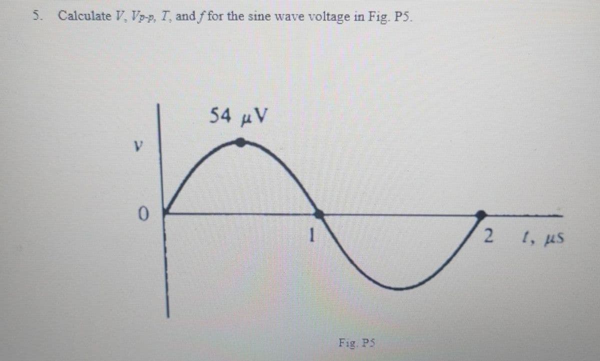 5. Calculate V, Vp-p, I, and f for the sine wave voltage in Fig. P5.
0
54 μV
1
Fig. P5
2
1, µs