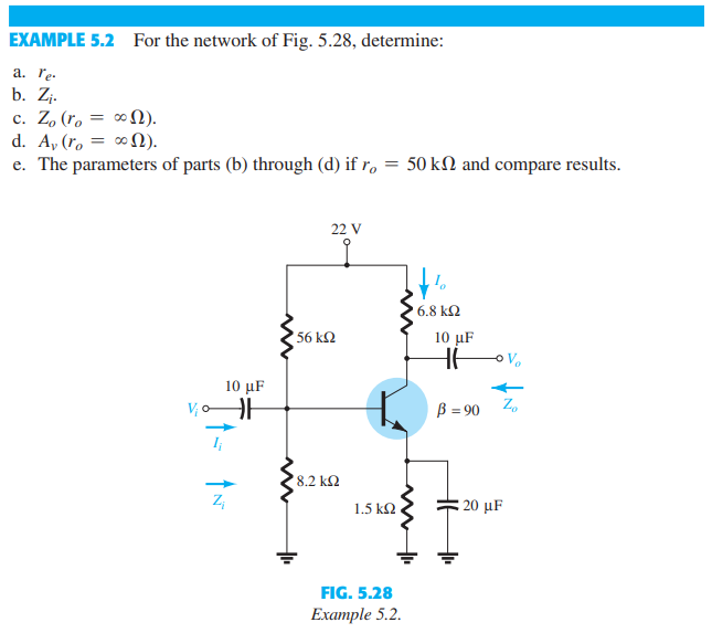 EXAMPLE 5.2 For the network of Fig. 5.28, determine:
a. re.
b. Zj.
c. Zo (ro= ∞).
d. Ay (ro
ο Ω).
e. The parameters of parts (b) through (d) if ro = 50 kn and compare results.
=
10 μF
V₂0H
Z₂
ww
m
22 V
56 ΚΩ
• 8.2 ΚΩ
1.5 ΚΩ
FIG. 5.28
Example 5.2.
6.8 ΚΩ
10 με
HH
B = 90 Zo
+
20 μF