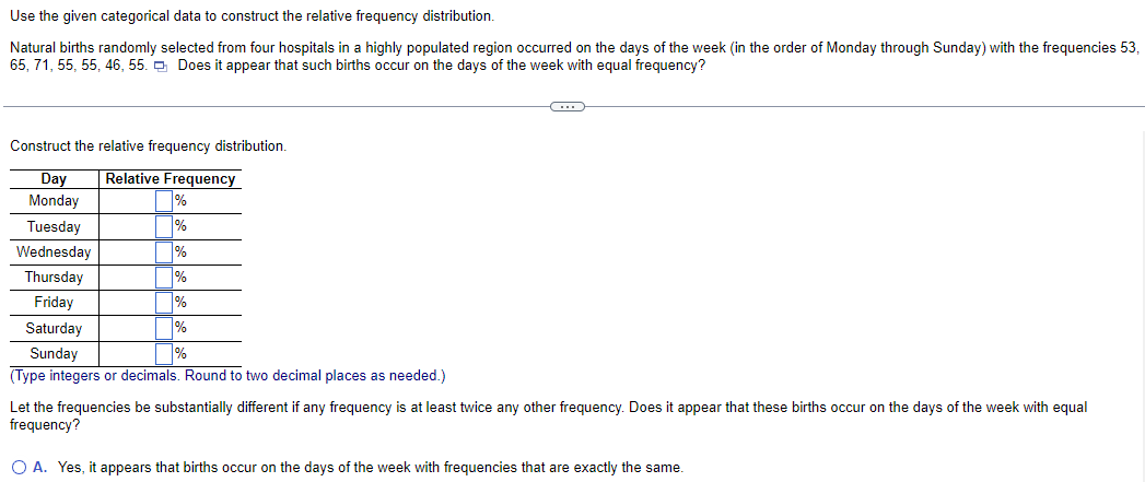 Use the given categorical data to construct the relative frequency distribution.
Natural births randomly selected from four hospitals in a highly populated region occurred on the days of the week (in the order of Monday through Sunday) with the frequencies 53,
65, 71, 55, 55, 46, 55. Does it appear that such births occur on the days of the week with equal frequency?
Construct the relative frequency distribution.
Day Relative Frequency
Monday
Tuesday
Wednesday
Thursday
Friday
%
%
%
%
%
%
%
O
Saturday
Sunday
(Type integers or decimals. Round to two decimal places as needed.)
Let the frequencies be substantially different if any frequency is at least twice any other frequency. Does appear that these births occur on the days of the week with equal
frequency?
O A. Yes, it appears that births occur on the days of the week with frequencies that are exactly the same.