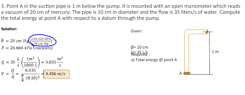 3. Point A in the suction pipe is 1 m below the pump. It is mounted with an open manometer which reads
a vacuum of 20 cm of mercury. The pipe is 10 cm in diameter and the flow is 35 liters/s of water. Compute
the total energy at point A with respect to a datum through the pump.
Solution:
Given:
P = 20 cm H
101.325 kPa
76 ст Нg
P = 26.664 kPa (vacuum)
Ø= 10 cm
1 m
1m3
a) Total energy @ point A
Q = 35
0.035
1000 L
0.035
V =
A
4.456 m/s
A
-=
(0.10)2
