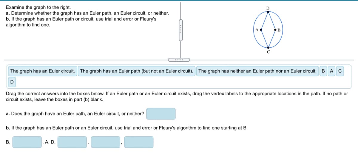 Examine the graph to the right.
a. Determine whether the graph has an Euler path, an Euler circuit, or neither.
b. If the graph has an Euler path or circuit, use trial and error or Fleury's
algorithm to find one.
A
The graph has an Euler circuit.
The graph has an Euler path (but not an Euler circuit). The graph has neither an Euler path nor an Euler circuit. BAC
D
Drag the correct answers into the boxes below. If an Euler path or an Euler circuit exists, drag the vertex labels to the appropriate locations in the path. If no path or
circuit exists, leave the boxes in part (b) blank.
a. Does the graph have an Euler path, an Euler circuit, or neither?
b. If the graph has an Euler path or an Euler circuit, use trial and error or Fleury's algorithm to find one starting at B.
B,
,A, D,
....
