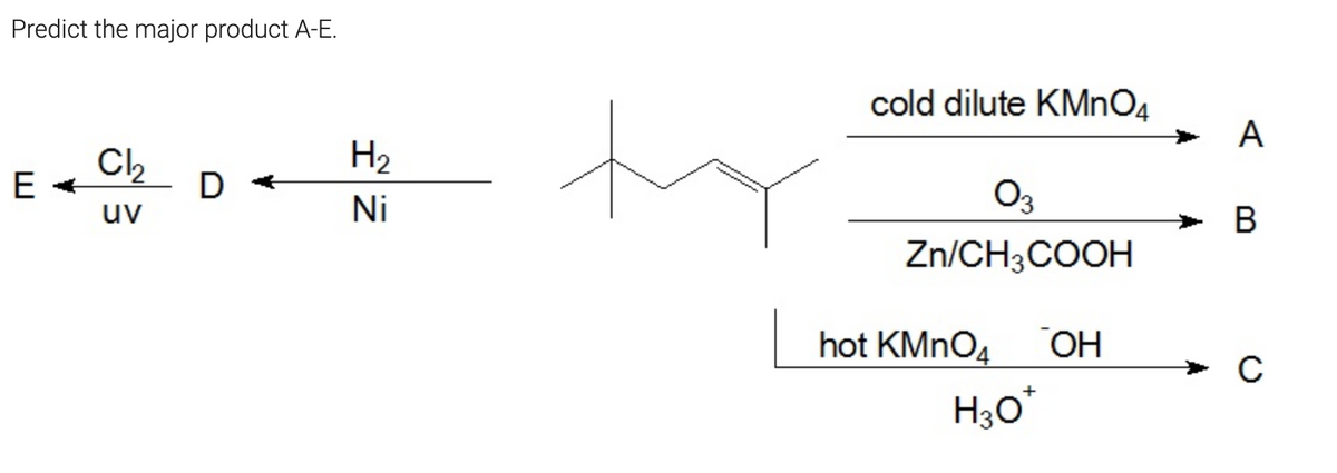 Predict the major product A-E.
cold dilute KMNO4
А
Ch
H2
uv
Ni
O3
B
Zn/CH3COOH
hot KMNO4
ОН
C
H30*
