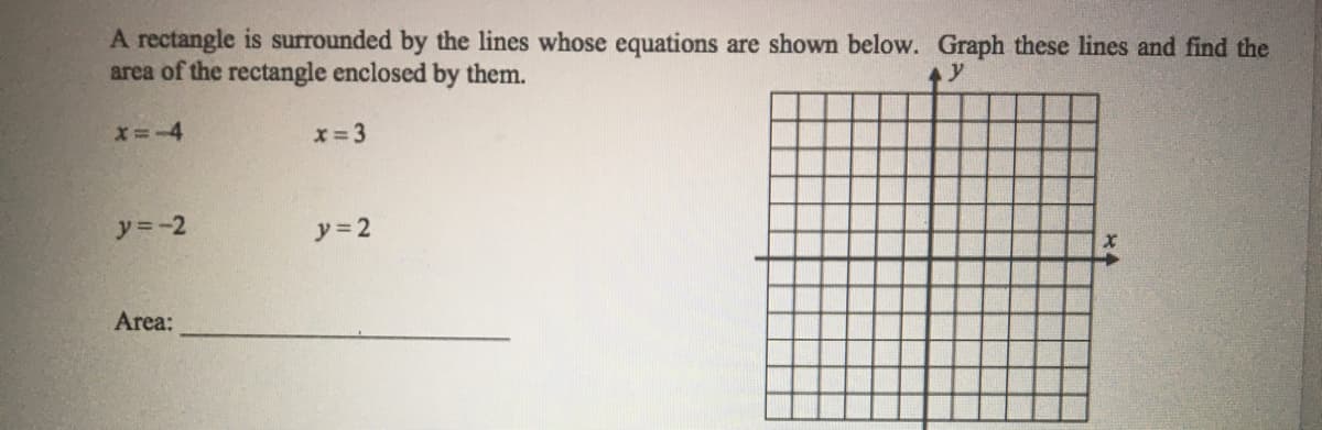 A rectangle is surrounded by the lines whose equations are shown below. Graph these lines and find the
area of the rectangle enclosed by them.
x=-4
x= 3
y=-2
ソ=2
Area:
