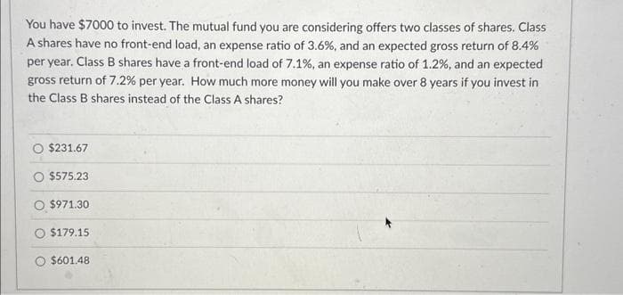 You have $7000 to invest. The mutual fund you are considering offers two classes of shares. Class
A shares have no front-end load, an expense ratio of 3.6%, and an expected gross return of 8.4%
per year. Class B shares have a front-end load of 7.1%, an expense ratio of 1.2%, and an expected
gross return of 7.2% per year. How much more money will you make over 8 years if you invest in
the Class B shares instead of the Class A shares?
$231.67
O $575.23
$971.30
$179.15
$601.48