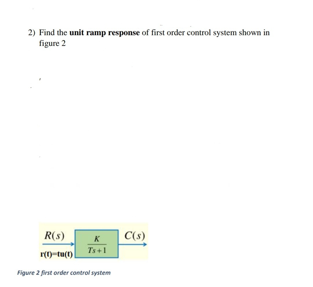 2) Find the unit ramp response of first order control system shown in
figure 2
R(s)
K
C(s)
Ts+1
r(t)=tu(t)|
Figure 2 first order control system
