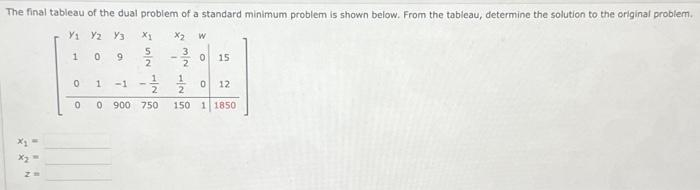 The final tableau of the dual problem of a standard minimum problem is shown below. From the tableau, determine the solution to the original problem.
Y₁
Y2 Y3 X₁ x₂
x₂ =
1
0
0
0 9
XS/N
5
2
12/23
1 -1
0 900 750
2
3
2
129
W
0 15
0 12
150 11850