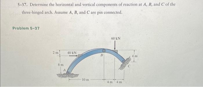 5-37. Determine the horizontal and vertical components of reaction at A, B, and C of the
three-hinged arch. Assume A, B, and C are pin connected.
Problem 5-37
2 m
8 m
40 kN
10 m
B
60 kN
4m
4 m
4 m