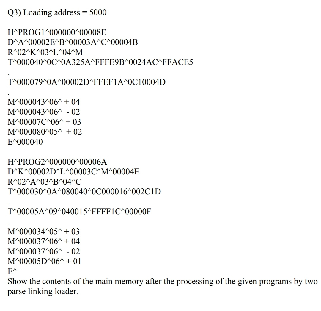 Q3) Loading address = 5000
H^PROG1^000000^00008E
D^A^00002E^B^00003 A^C^00004B
R^02^K^03^L^04^M
T^000040 0C^0A325A^FFFE9B^0024AC^FFACE5
T^000079^0A 00002D^FFEF1A^0C10004D
M^000043 06^ +04
M^000043 06^ - 02
M^00007C 06^+03
M^000080 05^ +02
E^000040
H^PROG2 000000^00006A
D^K^00002D^L^00003C^M^00004E
R^02^A^03^B^04^C
T^000030^0A 080040^0C000016^002C1D
T^00005A^09^040015^FFFF1C^00000F
M^000034^05^ +03
M^000037 06^+04
M^000037 06^ - 02
M^00005D 06^+01
ΕΛ
Show the contents of the main memory after the processing of the given programs by two
parse linking loader.