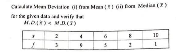 Calculate Mean Deviation (i) from Mean () (ii) from Median ()
for the given data and verify that
M.D.() < M.D.()
2
4
8
10
3
9.
5
2
