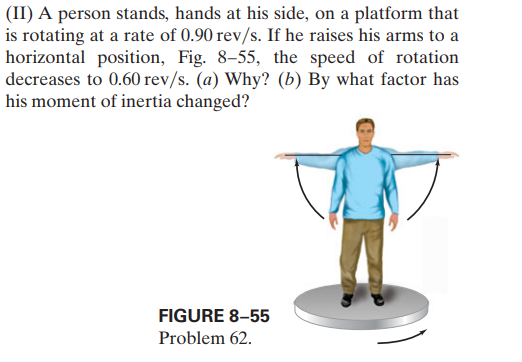 (II) A person stands, hands at his side, on a platform that
is rotating at a rate of 0.90 rev/s. If he raises his arms to a
horizontal position, Fig. 8-55, the speed of rotation
decreases to 0.60 rev/s. (a) Why? (b) By what factor has
his moment of inertia changed?
FIGURE 8–55
Problem 62.
