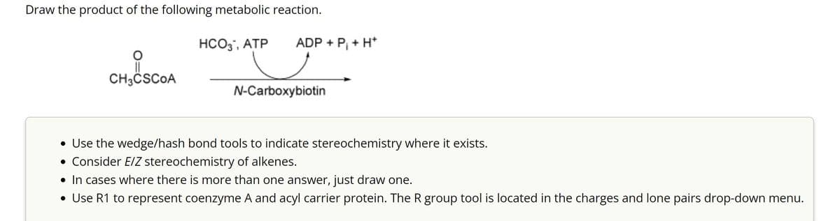 Draw the product of the following metabolic reaction.
HCO3, ATP
CH3CSC0A
ADP + P₁ + H+
N-Carboxybiotin
• Use the wedge/hash bond tools to indicate stereochemistry where it exists.
• Consider E/Z stereochemistry of alkenes.
• In cases where there is more than one answer, just draw one.
• Use R1 to represent coenzyme A and acyl carrier protein. The R group tool is located in the charges and lone pairs drop-down menu.