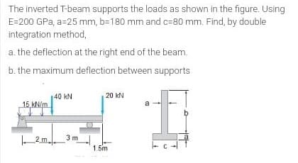 The inverted T-beam supports the loads as shown in the figure. Using
E-200 GPa, a=25 mm, b=180 mm and c=80 mm. Find, by double
integration method,
a. the deflection at the right end of the beam.
b. the maximum deflection between supports
40 kN
20 kN
15 kN/m
a
2m.
3 m
1.5m
