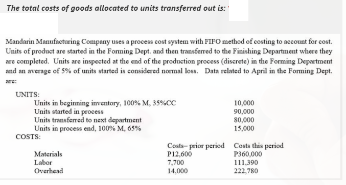 The total costs of goods allocated to units transferred out is:
Mandarin Manufacturing Company uses a process cost system with FIFO method of costing to account for cost.
Units of product are started in the Forming Dept. and then transferred to the Finishing Department where they
are completed. Units are inspected at the end of the production process (discrete) in the Forming Department
and an average of 5% of units started is considered normal loss. Data related to April in the Forming Dept.
are:
UNITS:
Units in beginning inventory, 100% M, 35%CC
Units started in process
Units transferred to next department
Units in process end, 100% M, 65%
10,000
90,000
80,000
15,000
COSTS:
Costs- prior period Costs this period
P12,600
P360,000
Materials
Labor
7,700
111,390
Overhead
14,000
222,780
