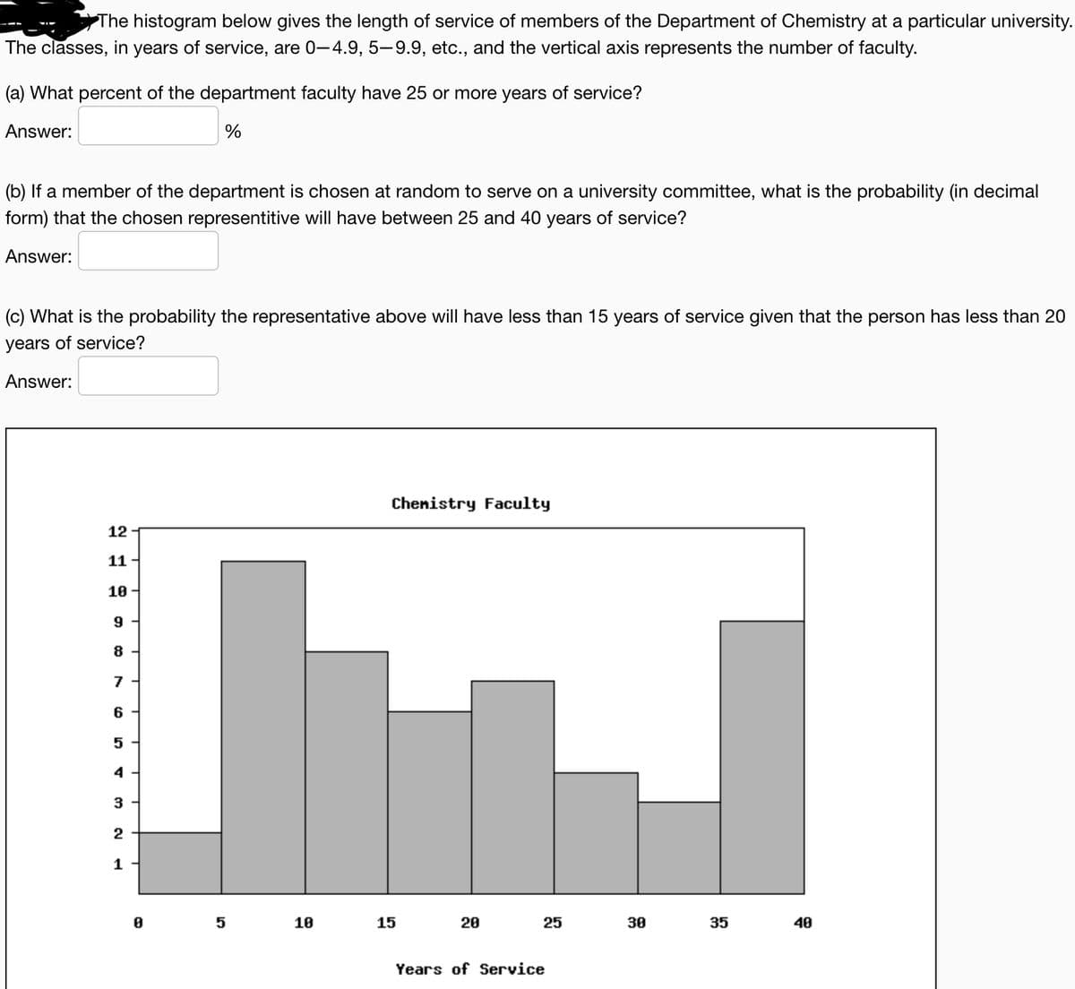 The histogram below gives the length of service of members of the Department of Chemistry at a particular university.
The classes, in years of service, are 0-4.9, 5–9.9, etc., and the vertical axis represents the number of faculty.
(a) What percent of the department faculty have 25 or more years of service?
Answer:
%
(b) If a member of the department is chosen at random to serve on a university committee, what is the probability (in decimal
form) that the chosen representitive will have between 25 and 40 years of service?
Answer:
(c) What is the probability the representative above will have less than 15 years of service given that the person has less than 20
years of service?
Answer:
Chenistry Faculty
12
11
10
9
8
6
5
4
3
2
1
10
15
20
25
30
35
40
Years of Service
7.
