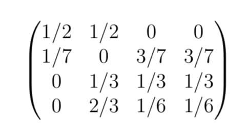 1/2 1/2 0
1/7 0 3/7
0
3/7
0 1/3 1/3 1/3
0
2/3 1/6
1/6,