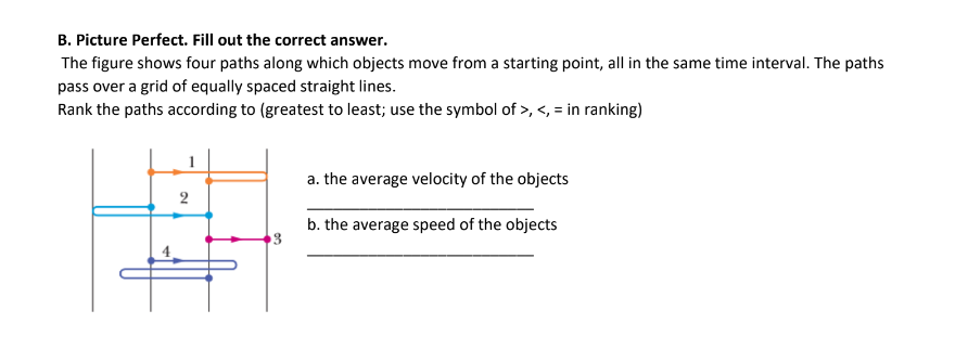 B. Picture Perfect. Fill out the correct answer.
The figure shows four paths along which objects move from a starting point, all in the same time interval. The paths
pass over a grid of equally spaced straight lines.
Rank the paths according to (greatest to least; use the symbol of >, <, = in ranking)
a. the average velocity of the objects
b. the average speed of the objects
2.
