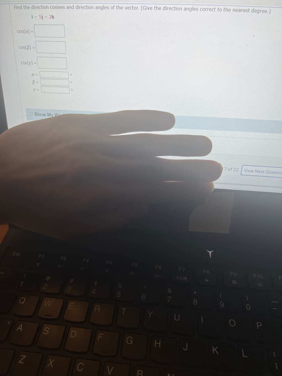 Find the direction cosines and direction angles of the vector. (Give the direction angles correct to the nearest degree.)
i - 5j - 2k
cos(a)=
cos(B) =
cos(y) =
Esc
G
N
α=
B =
Y =
Show My W
2
W
S
X
0
o
O
3
C
4
R
F4
V
5
F5
¤-
6
B
F6
*+
&
7
F7
*
8
F8
17 of 22 View Next Questio.
(
9
F9
O
)
0
H J K L
F10
;
