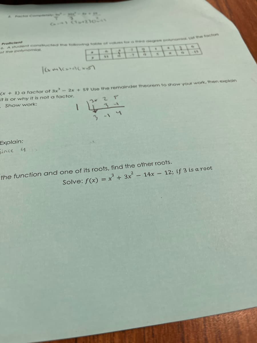 A Fcto Comptiaty w e e
1119
Proficient
6 Astudent constructed the fe org e wu B ta chegree potnomiwot. Ust the
of the polynomial.
11
(x + 1) a factor of 3x- 2x + 52 Use the remainder theorem to show your work, then explain
it is or why it is not a factor.
- Show work:
Ix 25
31
3-14
Explain:
Since
the function and one of its roots, find the other roots.
Solve: f(x) = x' + 3x´ – 14x – 12; if 3 is a root
