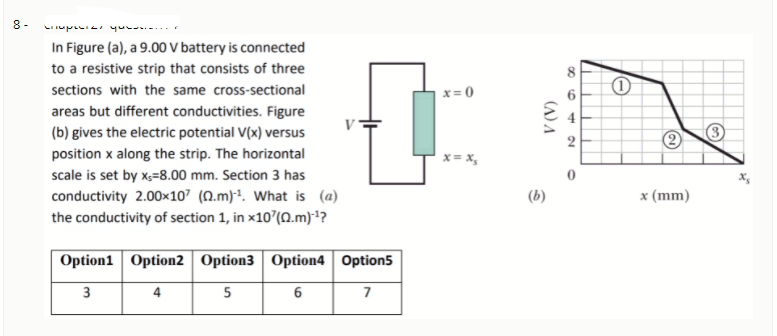 8 -
In Figure (a), a 9.00 V battery is connected
to a resistive strip that consists of three
sections with the same cross-sectional
x= 0
areas but different conductivities. Figure
(b) gives the electric potential V(x) versus
(3
position x along the strip. The horizontal
scale is set by x;=8.00 mm. Section 3 has
conductivity 2.00x107 (Q.m)!. What is (a)
the conductivity of section 1, in x10'(Q.m)1?
x= x,
x (mm)
Option1 Option2 Option3 Option4 Option5
3
4
5
7
