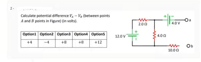 2 -
Calculate potential difference V, – Va (between points
A and B points in Figure) (in volts).
2.00
4.0 V
Option1 Option2 Option3 Option4 Option5
12.0 V
4.0 0
+4
-4
+8
+8
+12
Ob
10.0 0
