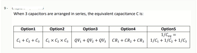 9- L.p--
When 3 capacitors are arranged in series, the equivalent capacitance C is:
Option1
Option2
Option3
Option4
Option5
1/Ceq =
C, x C2 × C3 QVị + QV2 + QV3 | CR1 + CR2 + CR3| 1/C, + 1/C2 + 1/C3
%3D
Cz + C2 + C3
|
