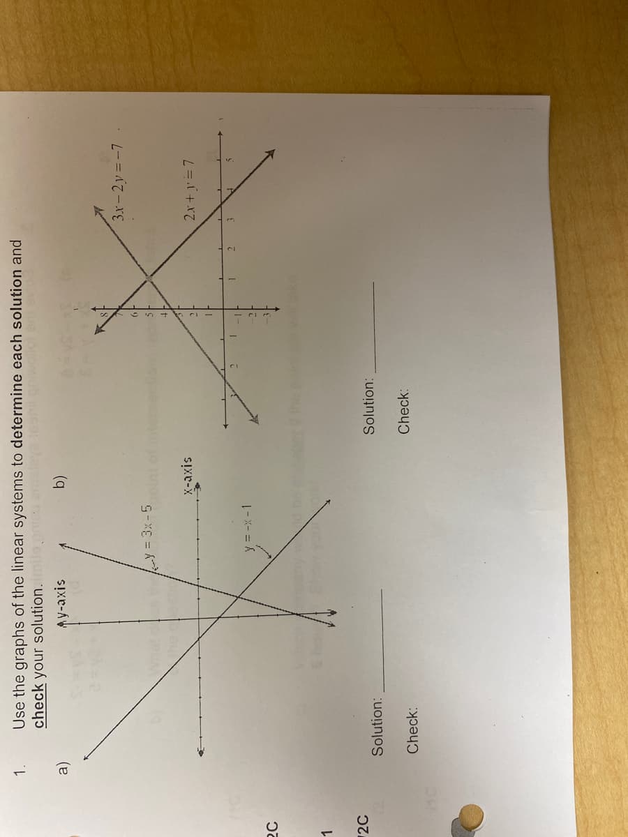 20
1
2C
1.
a)
Use the graphs of the linear systems to determine each solution and
check your solution.imilo priau ams
My-axis
b)
Solution:
Check:
-Y = 3x-5
y = -x-1
x-axis
Solution:
Check:
3x-2y=-7
2x+y = 7
3