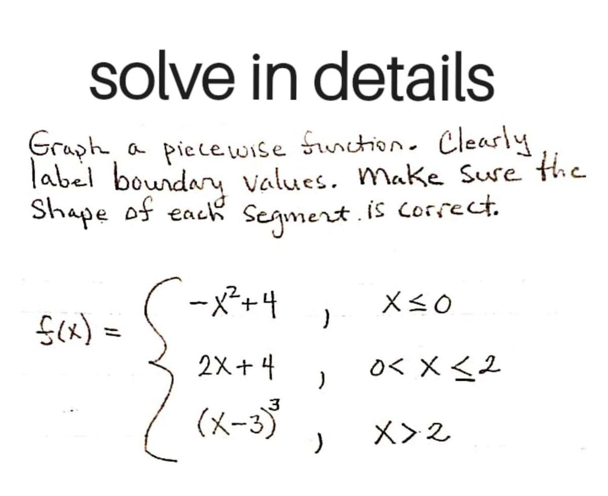 solve in details
Graph a piece wise finction. Cleasly
label boundary values. Make Sure the
Shape of each segmert .is Correct.
ーメ+4
Scx) =
2X+4
o< x <2
(メ-3)
X>2
