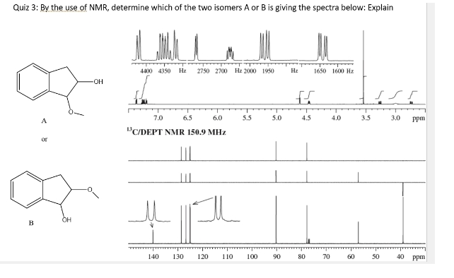 Quiz 3: By the use of NMR, determine which of the two isomers A or B is giving the spectra below: Explain
B
A
or
OH
OH
WALL
4400 4350 Hz 2750 2700 Hz 2000 1950 Hz
7.0
6.0
13C/DEPT NMR 150.9 MHz
TIL
سيد
6.5
140
سلك
5.5
5.0
130 120 110 100
4.5
90
1650 1600 Hz
||
80
4.0
70
60
3.5
50
3.0
ppm
wwwww
40 ppm